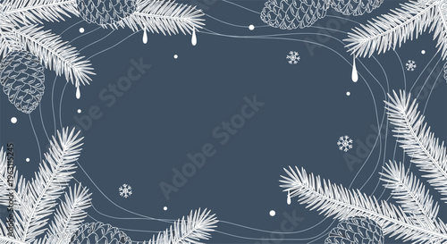 Winter background with white line drawings of pine branches and cones on a dark blue background with snow dots.