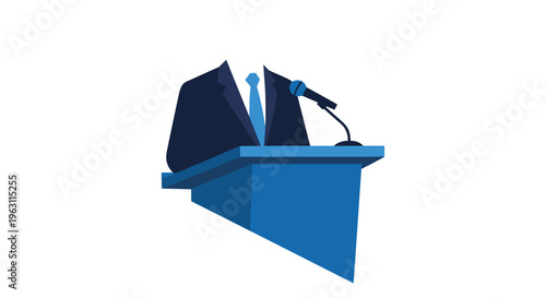 Faceless man in a dark suit and blue tie standing behind a podium with a microphone prepared for a public speech.