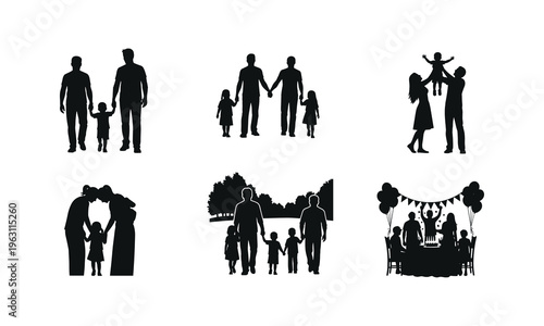 Family life moments collection featuring parents with children and birthday party celebration vector