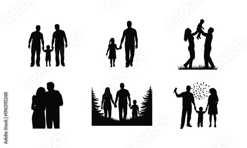 Family silhouettes vector illustration, parents and child in various poses during outdoor activity