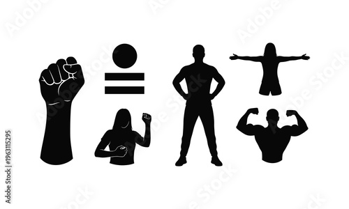 Empowerment vector illustration showing human silhouettes with fist raised and muscular body poses