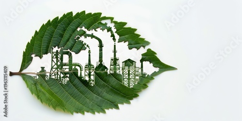 Creative green leaf with industrial factory silhouette cut out showing pollution versus nature, environmental impact and carbon footprint concept on white background with copy space