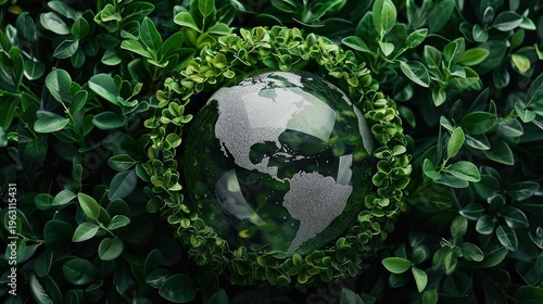 Crystal glass earth globe encased in lush green leaves and foliage, environmental protection and sustainability concept with planet earth surrounded by nature and organic growth