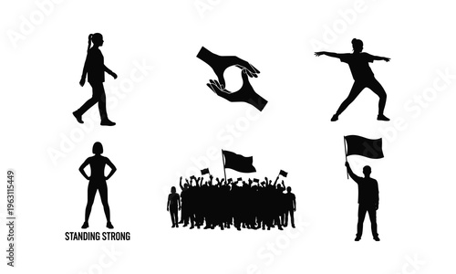 People bundle vector illustration set with walking woman, helping hands, and protest crowd