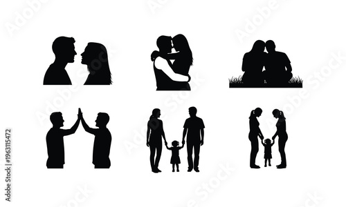 Human connection scenes showing couples hugging sitting on grass and family with child vector icon