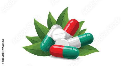 Assorted colorful medical pills tablets and capsules piled on fresh green leaves representing herbal medicine.