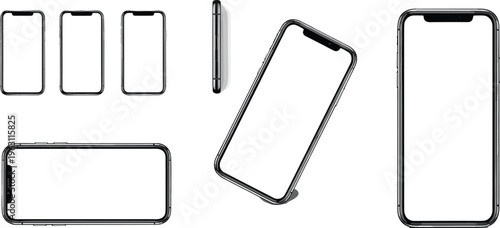 Smartphone mockup set with multiple angles and blank screen templates, modern mobile device frames collection for app presentation and UI design isolated