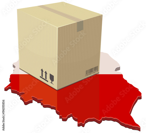 Cardboard parcel box placed on a 3D map of Poland with national flag colors, representing e-commerce, shipping industry and domestic distribution. (cut out)