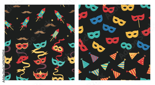 Vibrant masquerade party seamless patterns with colorful masks, festive hats, rockets, and streamers on a dark background for celebration.