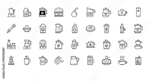 Comprehensive set of black and white line icons representing various hot and cold beverages, coffee makers, and kitchen accessories for design.