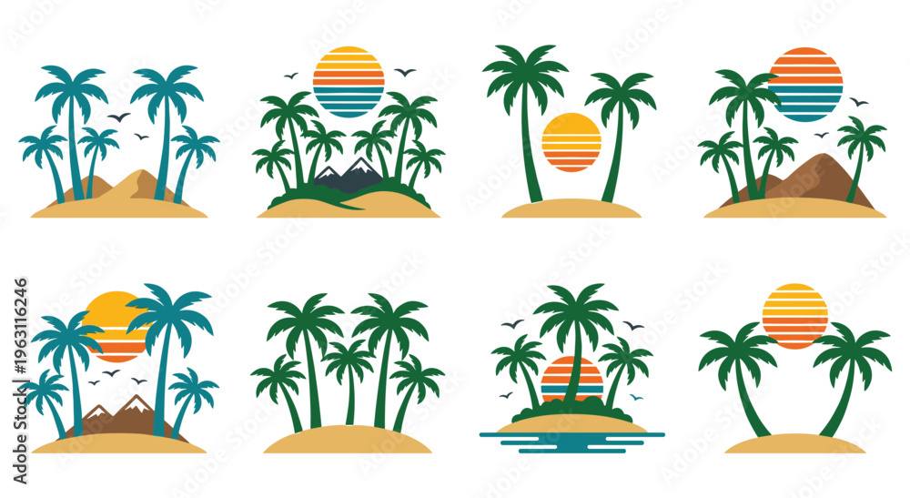 Fototapeta premium Tropical island beach palm trees sunset vector