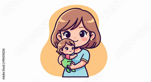 Smiling woman holding cute baby in her arms illustration of mother and child bonding with love and care
