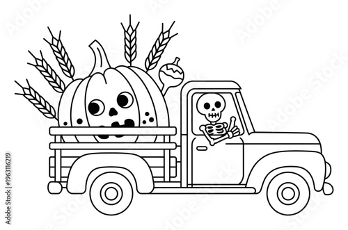 Halloween Truck Vector Illustration with Pumpkin and Skeleton