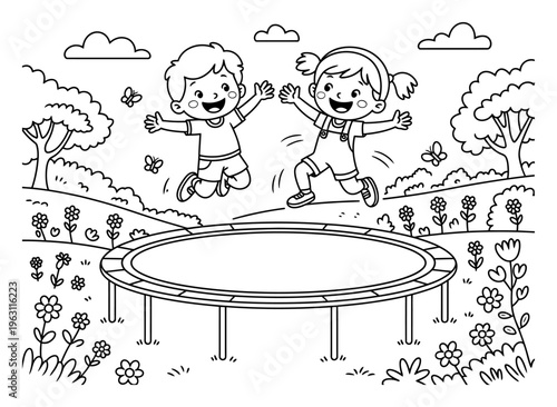 Happy Kids Jumping on Trampoline Vector Illustration