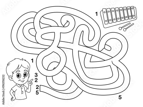 Kids maze game with boy and xylophone vector illustration