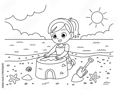 Little Girl Building Sandcastle on Beach Vector Illustration