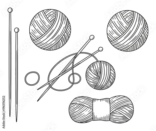 Knitting Tools and Yarn Balls Vector Illustration