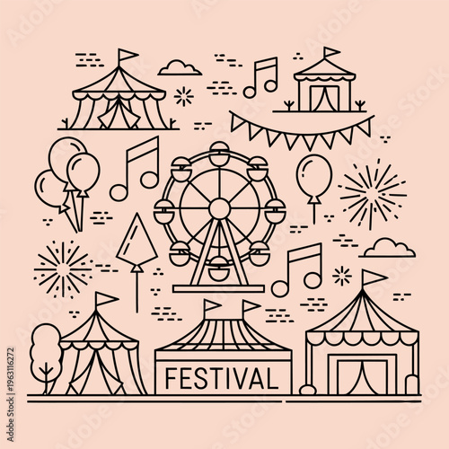 Minimal line of festival including Ferris wheel, tents, balloons, and fireworks carnival fairground