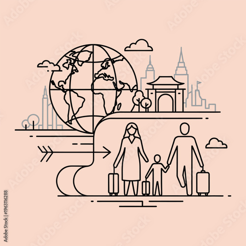 Minimal line of family with luggage and globe line minimal family travel vacation