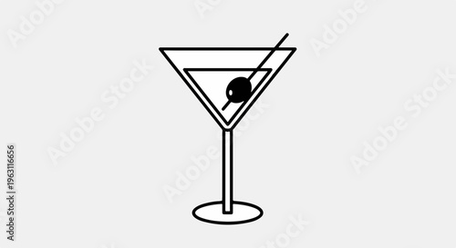 Cocktail glass with olive garnish simple line art martini glass on white background for mixology or recipe design