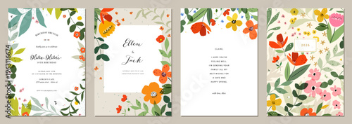 Bright floral  greeting cards in spring vibrant colors with decorative flowers, frames and backgrounds with copy space. For Mother’s Day, Women’s Day, Birthday, Wedding, Baby invitations.