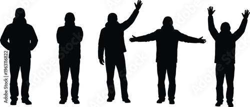 Collection of male winter jacket silhouettes showing different standing and greeting poses isolated on white background representing people and casual lifestyle