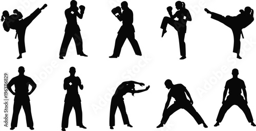 Collection of martial arts and fitness silhouettes showing kicking, fighting and stretching poses isolated on white background representing strength and training