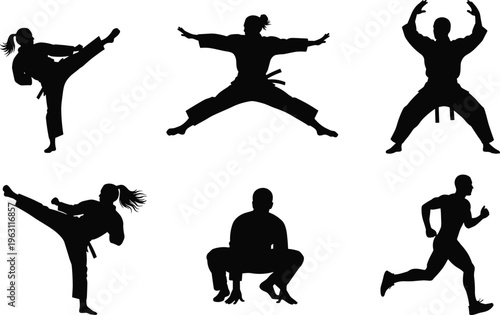 Collection of martial arts and fitness silhouettes showing kicking, training and running poses isolated on white background representing strength and activity