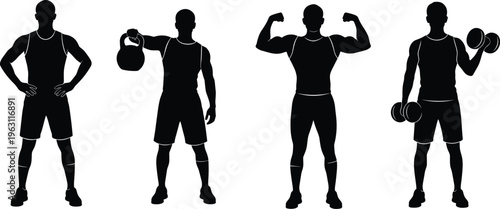 Collection of muscular man silhouettes lifting kettlebell and dumbbells, strength training poses, bodybuilding fitness workout, gym exercise vector illustration set