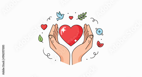 Hands cradling a heart surrounded by hearts and leaves floating in air