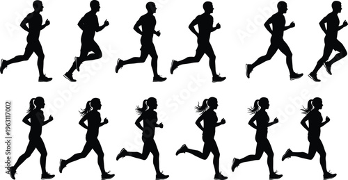 Collection of running men and women silhouettes in different jogging poses isolated on white background representing fitness, motion and active lifestyle