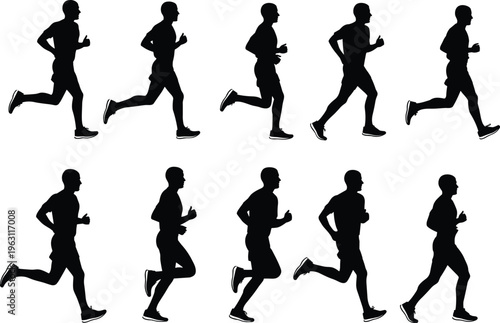 Collection of running man silhouettes showing jogging and sprinting motion, athlete training poses, fitness activity sequence, dynamic movement vector illustration set