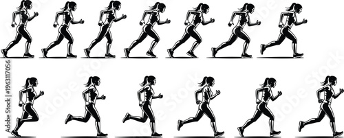 Collection of running woman silhouettes showing jogging and sprinting motion, female athlete training poses, fitness activity sequence, dynamic movement vector illustration set