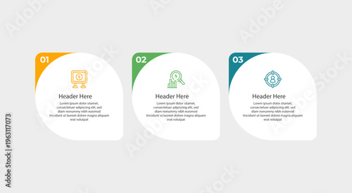 Three colored infographic cards with icons and text.