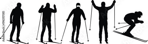 Collection of skiing silhouettes showing winter sport techniques, skier poses with poles, downhill motion, outdoor activity vector illustration set