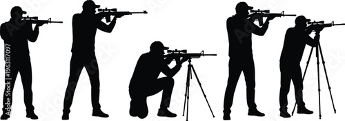 Collection of sniper and shooter silhouettes aiming with rifles, tactical positions and surveillance, military or hunting concept, precision shooting vector illustration set