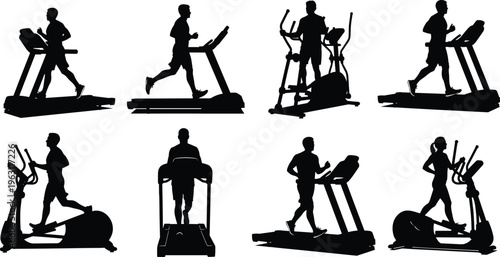Collection of treadmill and elliptical trainer silhouettes showing cardio workout exercises isolated on white background representing fitness, gym training and active lifestyle