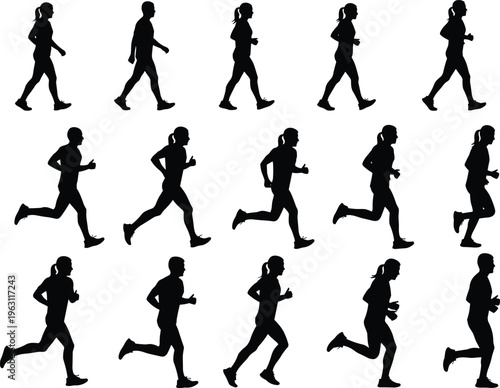 Collection of walking and running people silhouettes, male and female stride and jogging motion, fitness activity sequence, vector illustration set