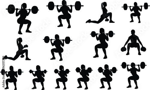 Collection of weightlifting and strength training silhouettes, squats and lunges with barbell and dumbbells, fitness workout poses vector illustration set