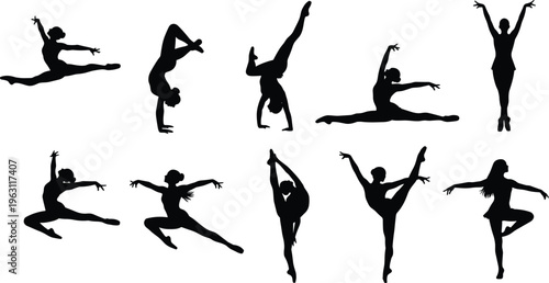 Dance and gymnastics silhouettes collection featuring flexible performers in jumps, splits and handstands, artistic movement isolated on white background