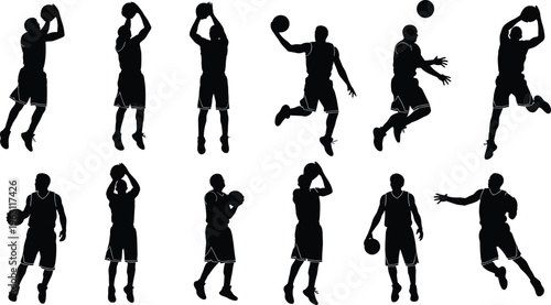 "Dynamic basketball player silhouettes in action poses showcasing dribbling, shooting, dunking, passing, and athletic movements for sports design"