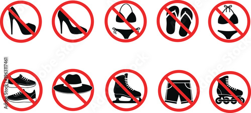 No clothing and footwear sign icon set with prohibited shoes, hat, swimwear and accessories symbols, restriction warning signage collection vector isolated on white background