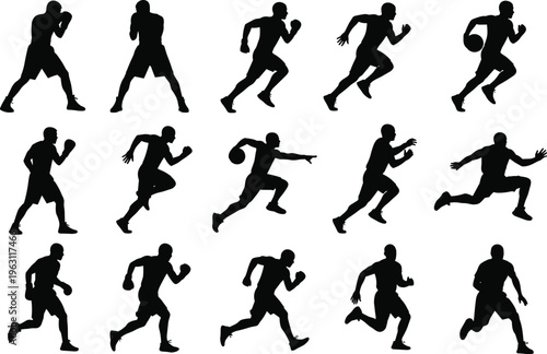 Dynamic black silhouettes of athletes in motion sequence, running sprinting catching ball, sports training illustration for fitness, teamwork, competition concepts