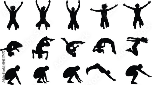 Dynamic human motion silhouettes showing jumping, flipping, twisting, and acrobatic poses for biomechanics, animation, fitness, and sports illustration