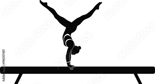 Female gymnast performing handstand on balance beam silhouette isolated on white background representing gymnastics, sport, strength and flexibility concept