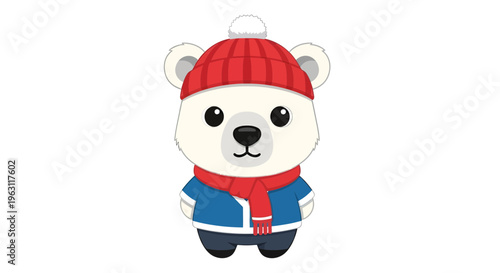 Adorable Cartoon Polar Bear Vector Illustration Wearing Winter Hat and Scarf, Ideal for Kids' Designs, Seasonal Graphics, and Holiday Themes.