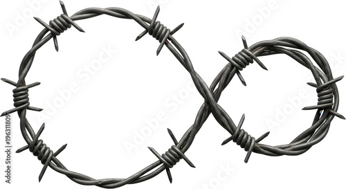 A close up shot of a coil of barbed wire twisted into an infinity symbol highlighting its sharp points and rough texture metal fence protection confinement restriction endless