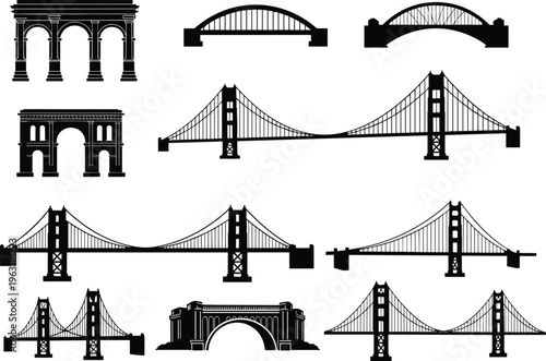 Black silhouette collection of iconic bridge structures including suspension and arch designs, architectural vector set isolated on white background for urban infrastructure illustration