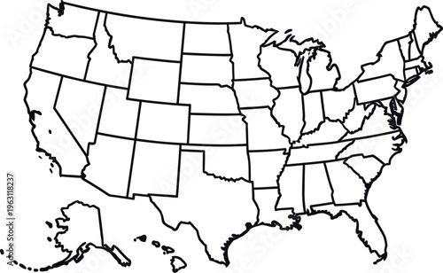 Map of the United States with State Borders Clearly Defined