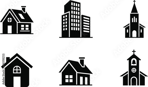 Building icon set featuring house, office and church silhouettes, real estate and architecture symbols isolated on light background